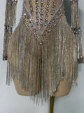 Sparkly Rhinestones Fringes Tight Bodysuit Women Sexy Mesh See Through Performance Stage Outfit Luxury Birthday Party Wear