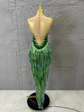 Luxurious Green Rhinestone Sheer Bodysuit Tassel Tail Ideal for Clubbing Festivals and Special Occasions Stage Performance