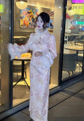 Autumn and Winter Thick Style Gentle Wool Cheongsam Dress Qipao Dress Pink Flower High-end Women'sTraditional Chinese Clothing