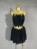 Lady's Sexiness Gold Metal Ring Decor Chiffon Cutout WaistMini Dress Suitable Women Cocktail Dinner Party Performance Outfit