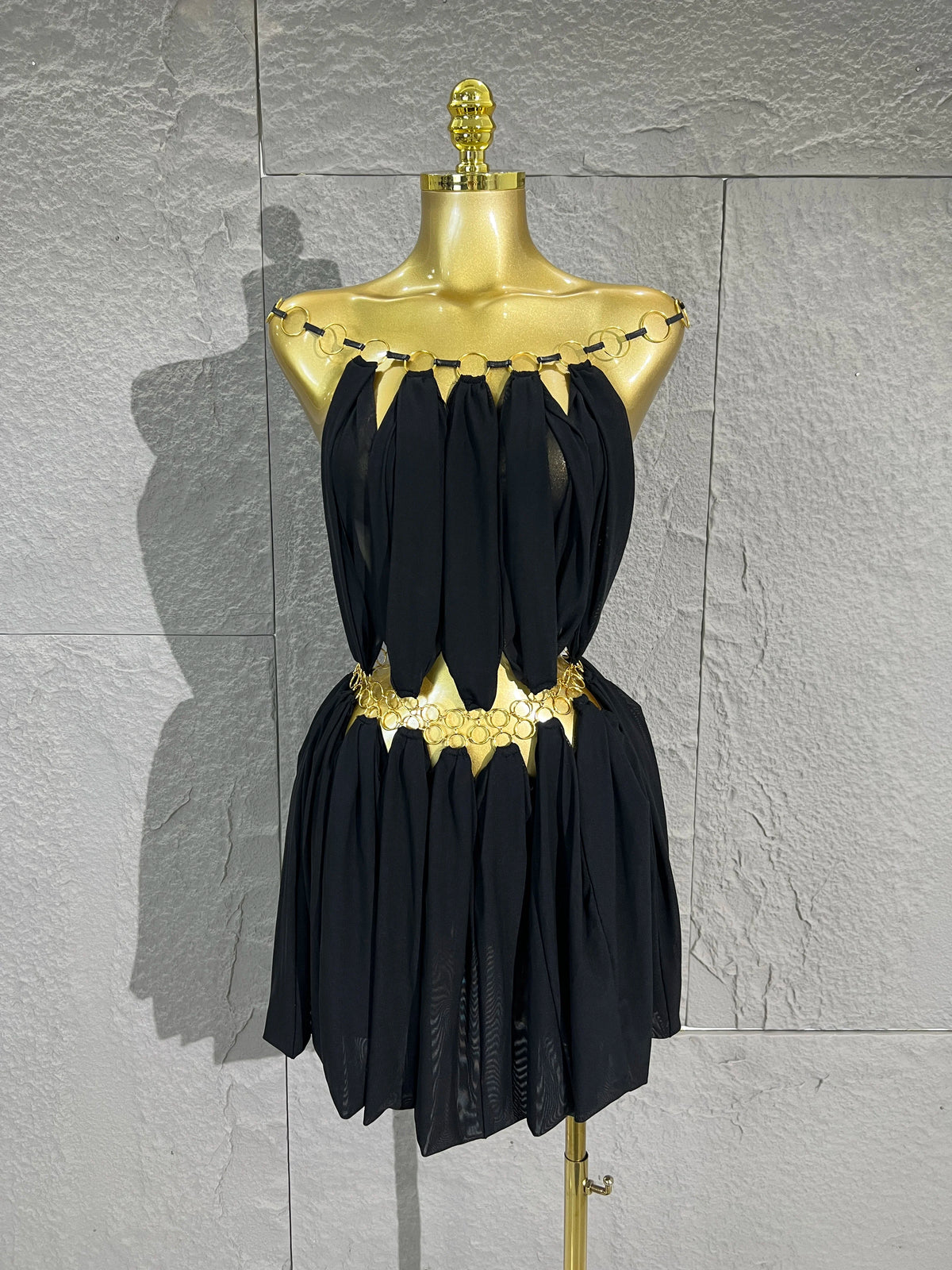 Lady's Sexiness Gold Metal Ring Decor Chiffon Cutout WaistMini Dress Suitable Women Cocktail Dinner Party Performance Outfit