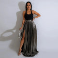 Women Fashion  Spring High Side Split Big Swing Pleated Floor Length Skirt High Waist Street Party Long Maxi Skirts