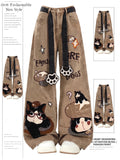 Cartoon Embroidered Loose Straight Leg Jeans Women's Trousers Autumn Design Wide Leg Long Pants Vintage High Waist Denim