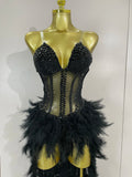 Luxury Sparkly Rhinestones Feathers Long Tail Dress Sexy Mesh Transparent Stage Bodysuit Evening Party Celebrate Birthday Dress