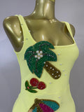 Women Sexy Square Neck Sleeveless Bodycon Bandage Mini Dress Luxury Beaded Tropical Fruit Eveing Party Vacation NightClub Outfit