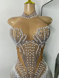 Sparkly Rhinestones Pearls Women Sexy Sleeveless High Split Mesh See Through Birthday Dress Nightclub Party Performance Costume