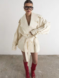 Women's Double Breasted Trench Coat Lapel Waist-Cinching Lace Up Mid Length Windbreaker Jacket Autumn Casual Street Coat