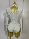 Luxury White Full Pearl Long Sleeved Stretch Bodysuit Women Birthday Evening Party Celebrate DJ Performance Nightclub Stage Wear