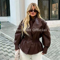 Autumn 2026 Chocolate Brown Elastic Cinched Waist Faux Leather Peplum Jacket Women PU Leather Blazer Trench Coat Female