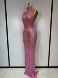 Sparkly Rhinestone Sleeveless Stretch Long Dress Women Sexy Mesh Celebrate Evening Prom Luxury Birthday Dress Evening Party Wear