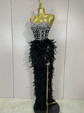 Women Sexy Elegant Evening Party Luxury Birthday Photo Shoot Performance Costume Sparkly Rhinestone Feather Mesh Long Dress