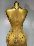 Sparkly Crystal Diamond Gold Sexy See-Through Sheath Dress Nightclub Performance Custome Stage Wear Birthday Evening Party Dress