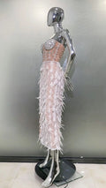 Women's Luxury Feather Rhinestone Beaded Glam Sheer High Slit Tube Top Dress Fashion Hot Birthday Party Banquet Performance Gown