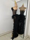 Women Sexy Straplss Crystals Diamonds Feather Luxury Party Dress Designer Mesh Transparent Performance Stage Outfit