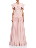 Chic Pink 3 Piece Set for Women Beaded Bow Cape Sleeve Strapless Corset Top High Waist Pleated Floor Length Skirt for Party
