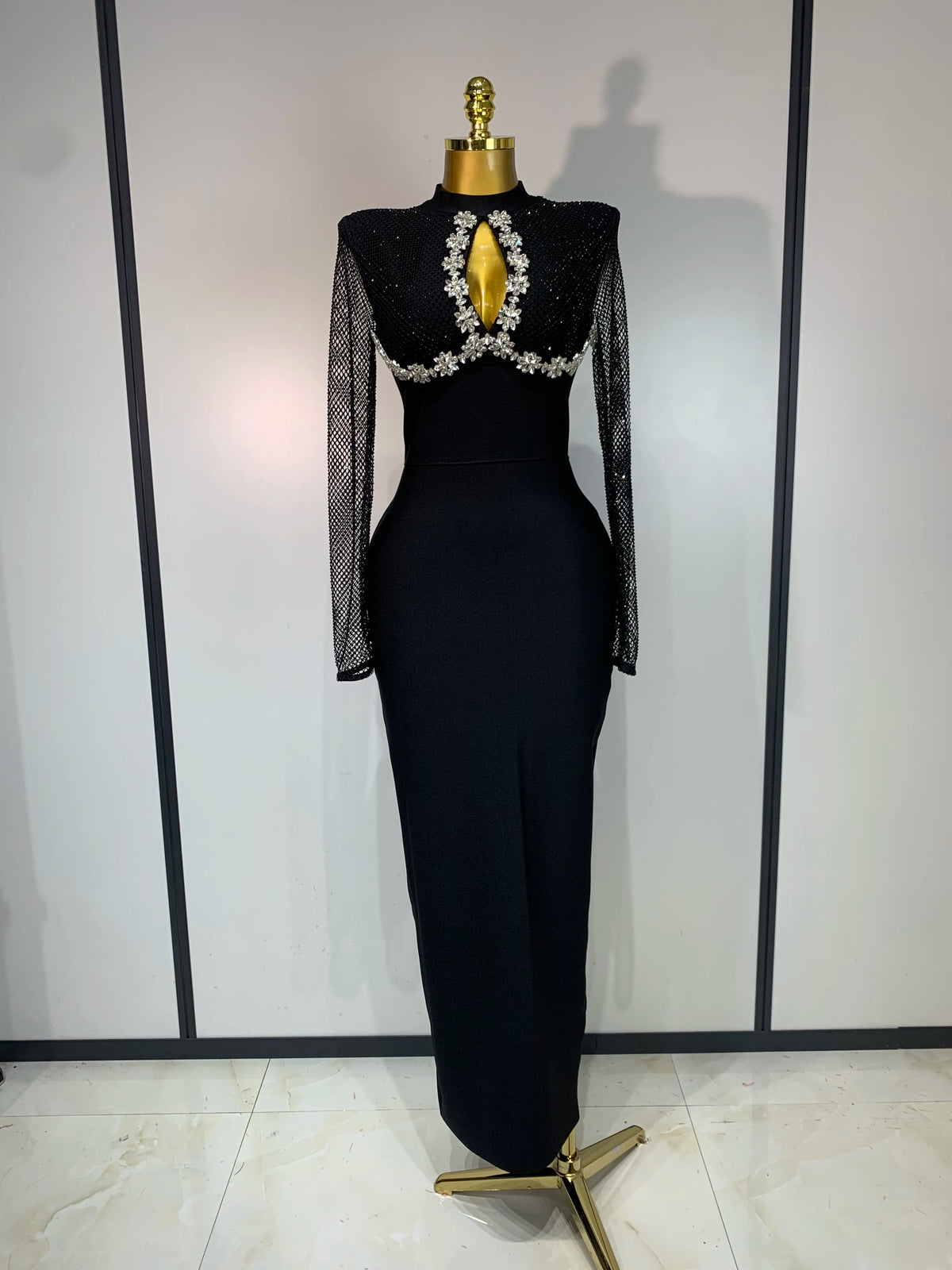 Women Sexy Long Sleeve Beading Black Maxi Long Bandage Dresses Birthday Party Celebrity Elegant Knitted Bodycon Club Dress