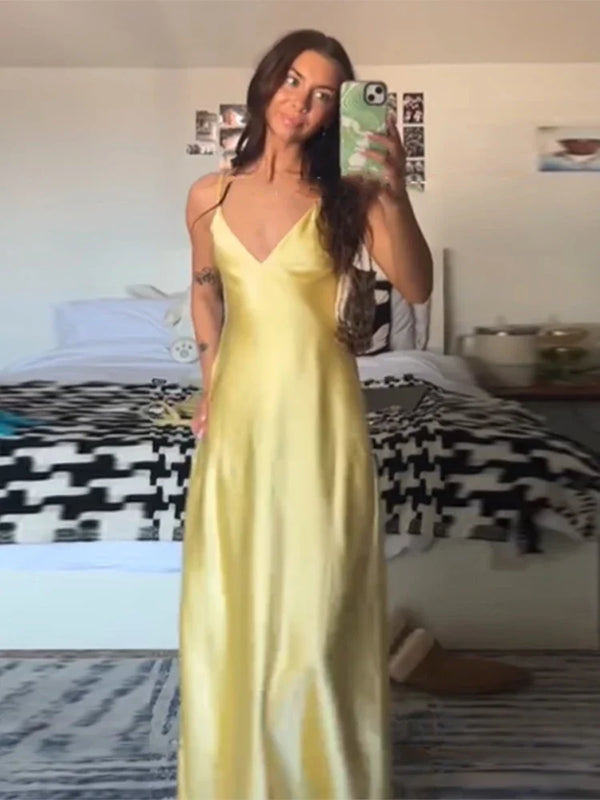 Solid Backless Stain Maxi Dress Women's Casual Spaghetti Strap V-neck High Waist Dresses 2026 Lady Summer Vacation Party Gowns