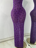 Luxury Purple Rhinestones Long Party Dress Celebrity Women Sexy Sleeveless Mesh See Through Prom Gown Club Birthday Dresses