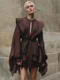 Fashion Women Ruffles Short Dress Elegant O-Neck Lace Up Lantern Long Sleeve Mini Vestido Chic Female 2025 Solid Dresses
