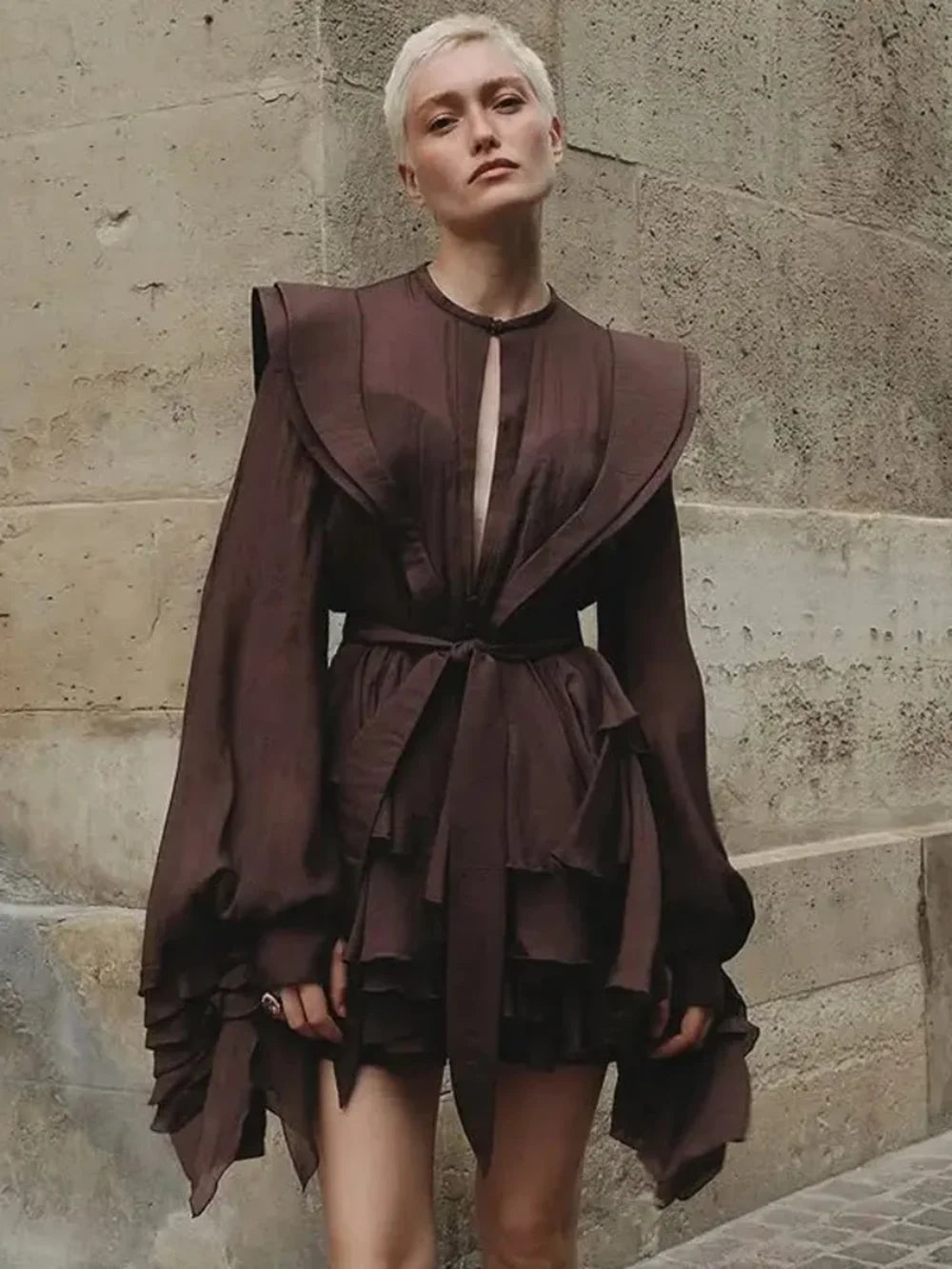 Fashion Women Ruffles Short Dress Elegant O-Neck Lace Up Lantern Long Sleeve Mini Vestido Chic Female 2025 Solid Dresses