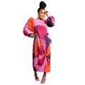 Elegant Women Pleated Half Lantern Sleeve O-neck Slim Maxi Long Dress Print Fashion Autumn 2024 Ruched Dresses Vestidos