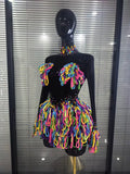 Colorful Draped Shining Rhienstones Women Long Sleeve Sexy Mesh Bodycon Mini Dress Nightclub Bar Singer Party Performance Wear