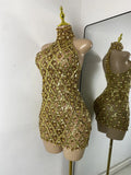 Luxury Sparkly Rhinestone Shining Sequins Women Sexy Transperant High Neck Bodycon Mini Birthday Dress Party Performance Costume