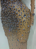 Women Sparkly Diamonds Mesh See Through Bodycon Dress Evening Birthday Party Sexy Nightclub Bar Stage Costume