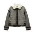 Winter Trip Strap with Fur All-in-one Fleece Double Lapel Long Sleeve Warm Windproof Grey Coat for Women