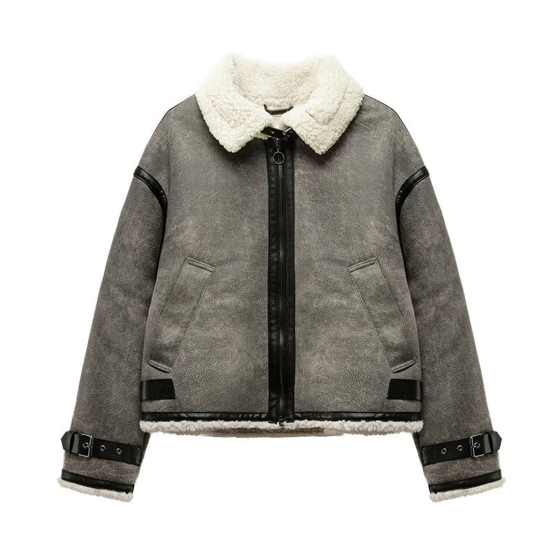 Winter Trip Strap with Fur All-in-one Fleece Double Lapel Long Sleeve Warm Windproof Grey Coat for Women