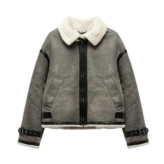 Winter Trip Strap with Fur All-in-one Fleece Double Lapel Long Sleeve Warm Windproof Grey Coat for Women