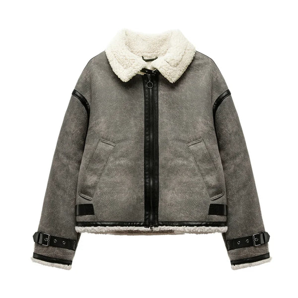 Winter Trip Strap with Fur All-in-one Fleece Double Lapel Long Sleeve Warm Windproof Grey Coat for Women