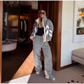 Women Color Block Spliced Ski Set Fleece Lined Stand Collar Zip Jacket Multi‑Pocket Wide Leg Trousers 2026 Winter Fashion Outfit