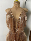 Sparkly Tassels Women Sexy High Split Sleeveless Mesh See Through Party Nightclub Birthday Dress Performance Costume Stage Wear