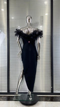Women's Summer Ruffle Trim Off-the-shoulder Black Dress Fashion Elegant Party Bandage Evening Performance Gown Vestido De Festas