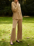 Two Piece Set for Women Stand Collar Long Sleeve Patchwork Drawstring Jacket High Waist Straight Pant Suit Female