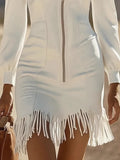 SHENGPALAE Women Dress Mini Long Sleeve Faux Suede Fringe Western Slim Zip Pocket Autumn 2026 New 05E03783