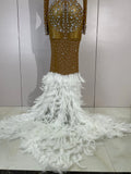 New Sexy Sparkling Red Crystals Feathers Long Sleeve Mermaid Maxi Dress Women Wedding Celebrate Luxury Birthday Party Prom Gown