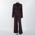Solid Office Suit for Women Deep V Neck Long Sleeve Spliced Single Button Blazer Wide Trousers Two Piece Set Female