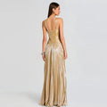 Women's Halter Crisscross Cutout Front Pleated Metallic Maxi Dress Slim Waist Backless New Wide Flare Skirts Floor Length Party