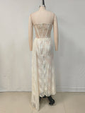 Elegant Strapless Lace Long Ribbon Wedding Dress Patchwork Vintage Floral Lace Bridal Gown Sheath Fitted Dresses