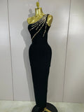 Elegant Black One Shoulder Sparkly Diamond Bodycon Bandage Long Dress Celebrity Evening Party Club Prom Luxury Birthday Dress