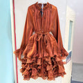 Ruffled Mock Neck Mini Dress for Women Tie Neck Long Sleeve Flare Cuff Self Tie Sash Waist Tiered Ruffle for Party Occasions