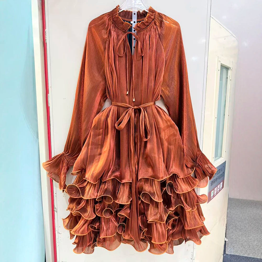 Ruffled Mock Neck Mini Dress for Women Tie Neck Long Sleeve Flare Cuff Self Tie Sash Waist Tiered Ruffle for Party Occasions