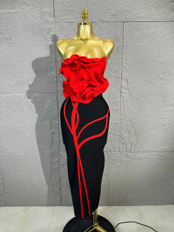 Luxury Elegant Orange Pink Strapless Bodycon Midi Dress Women Sexy 3D Floral Applique Outfit Date Night Party Costum