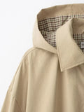 Women Khaki Hooded Cropped Zip‑up Jacket Faux Two‑inner Plaid Fabric Drawstring Bottom Coat Lady Autumn Casual Commute Outfits