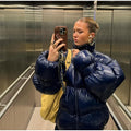 Stand Neck Glossy Surface Padded Cotton Short Coat Women Full Sleeve Thicken Pockets Jackets Coat Female Winter Chic Streetwear