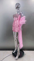 Women's Stylish Shawl Super Shiny Rhinestone Sequin Embroidered Pink Tube Top Dress Luxury Haute Couture Fashion Hot Party Gown