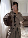 Women 2026 Spring Chinese Style Two Piece Outfit Mandarin Collar Frog Button Oversized Top High Waist Wide Leg Pants Set