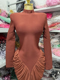 Fashionable And Sexy Round-Neck Long-Sleeved Pleated Long Dress, Waist-Cinching And Slimming, For Dinner Parties